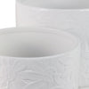 Planter Set of 2 w Saucers | Embossed Daisy Flowers | White Ceramic