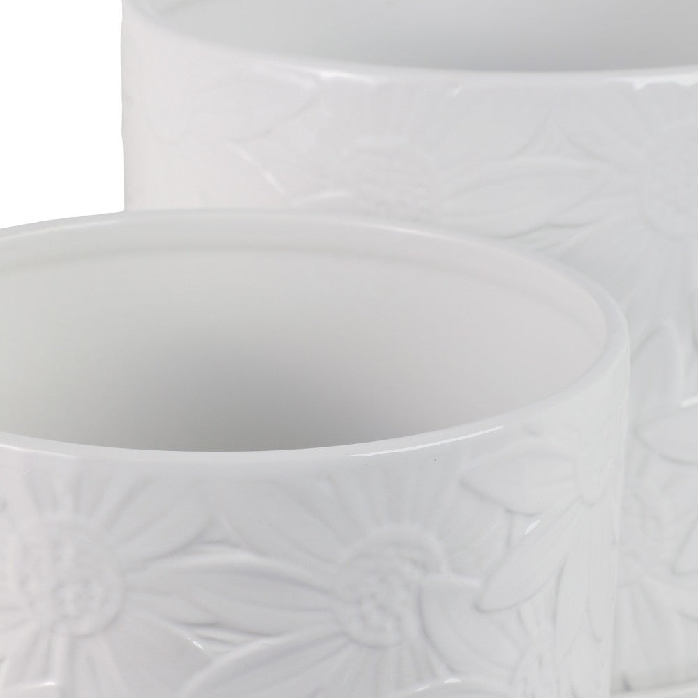 Planter Set of 2 w Saucers | Embossed Daisy Flowers | White Ceramic
