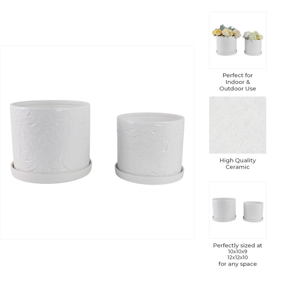 Planter Set of 2 w Saucers | Embossed Daisy Flowers | White Ceramic SBH-21829-03