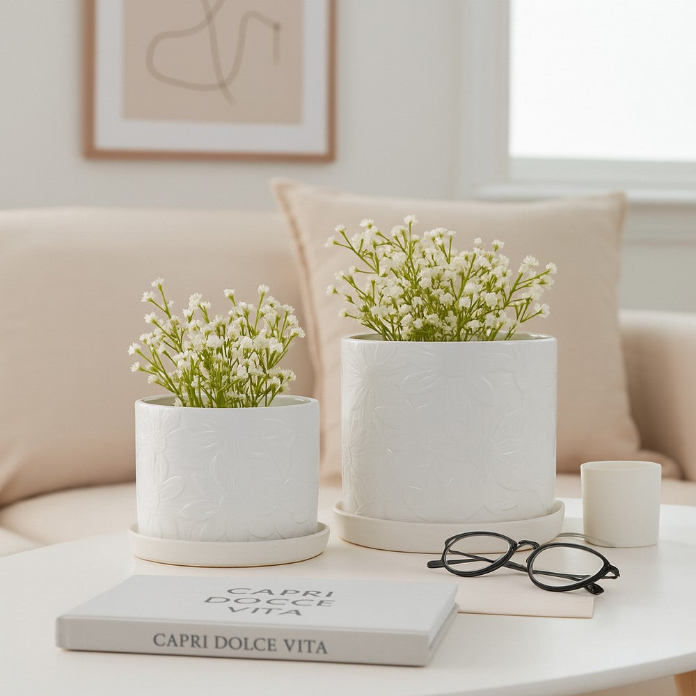 Planter Set of 2 w Saucers | Embossed Daisy Flowers | White Ceramic SBH-21829-03