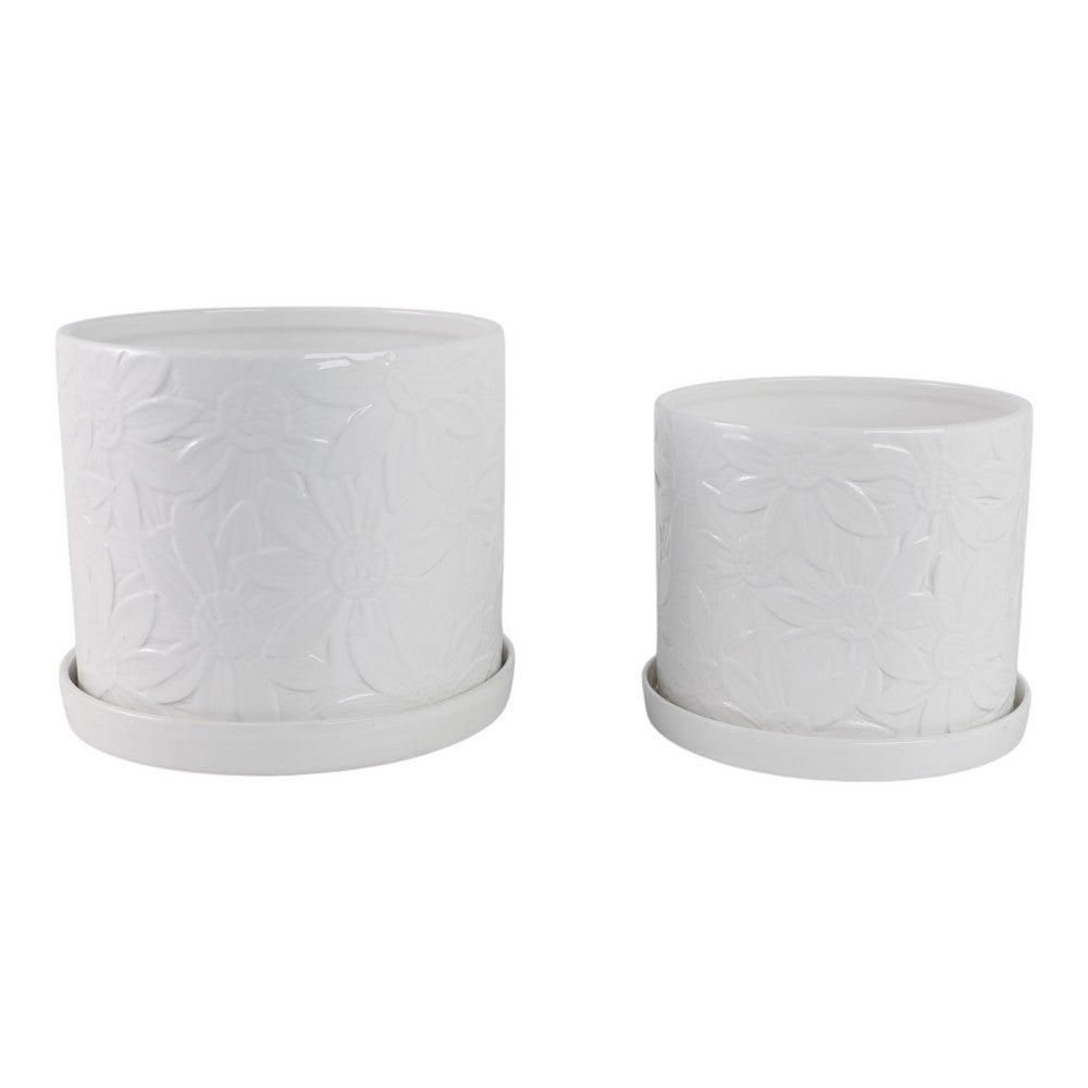 Planter Set of 2 w Saucers | Embossed Daisy Flowers | White Ceramic