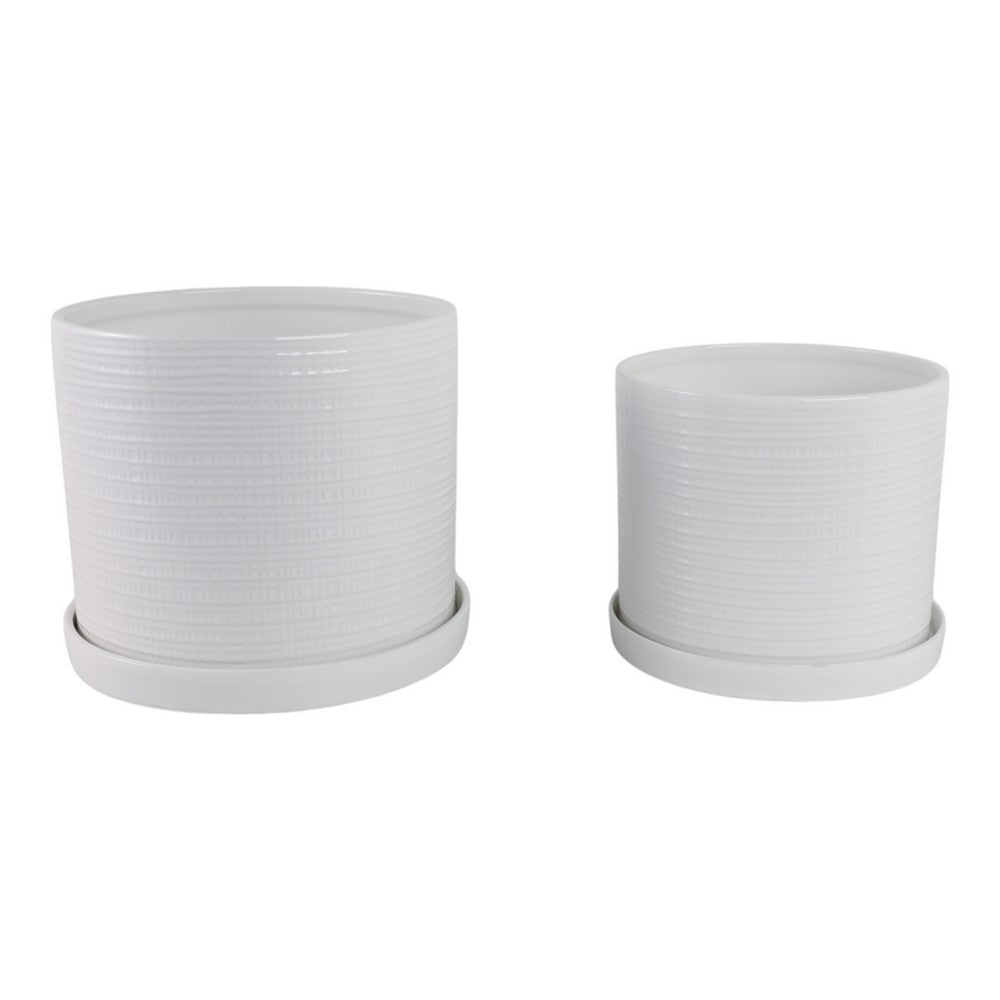 Planter Pot with Saucer Set of 2 | Textured White Ceramic Finish