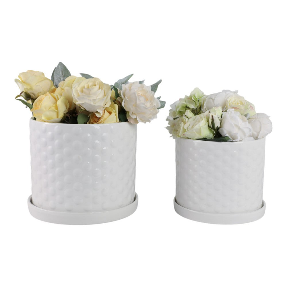 Decorative Planter Set of 2 with Saucers | Bubble Patterned White Ceramic SBH-21847