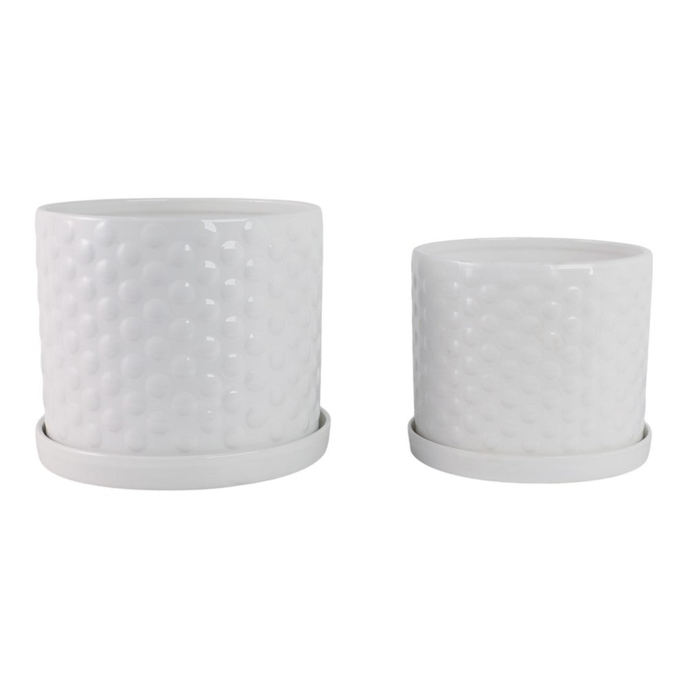 Decorative Planter Set of 2 with Saucers | Bubble Patterned White Ceramic