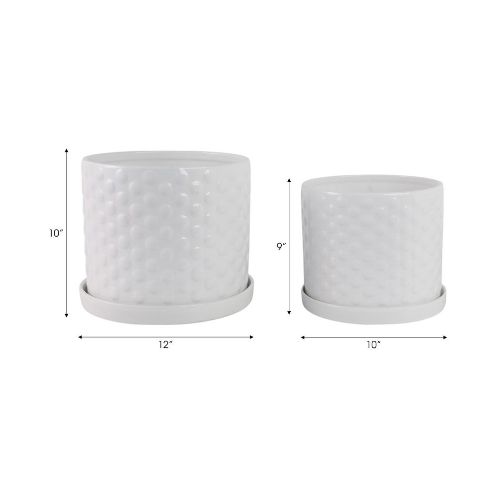 Decorative Planter Set of 2 with Saucers | Bubble Patterned White Ceramic