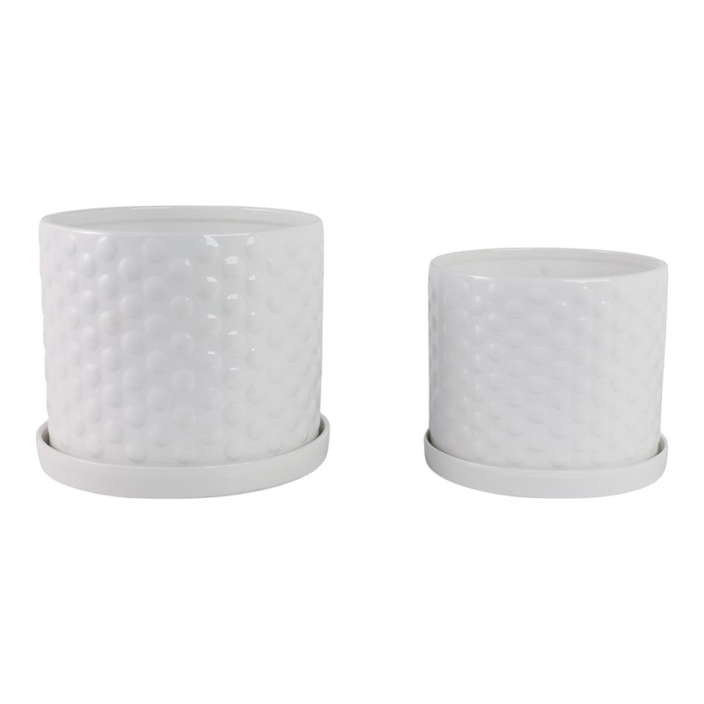 Decorative Planter Set of 2 with Saucers | Bubble Patterned White Ceramic SBH-21847