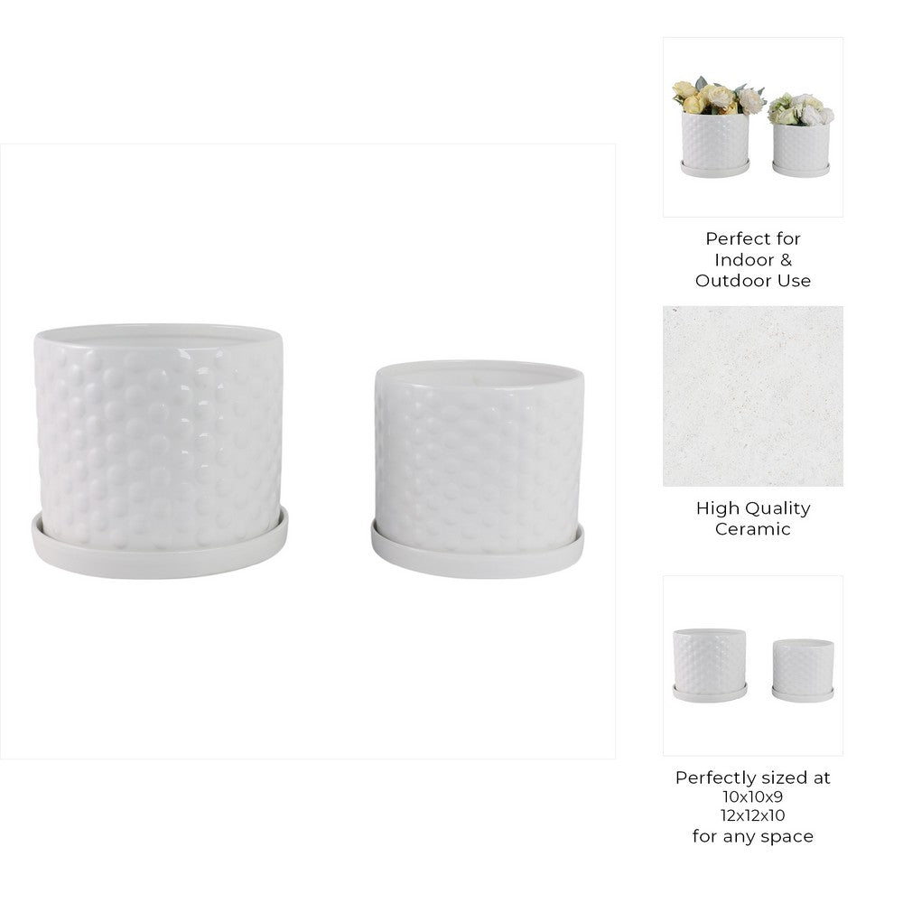 Decorative Planter Set of 2 with Saucers | Bubble Patterned White Ceramic