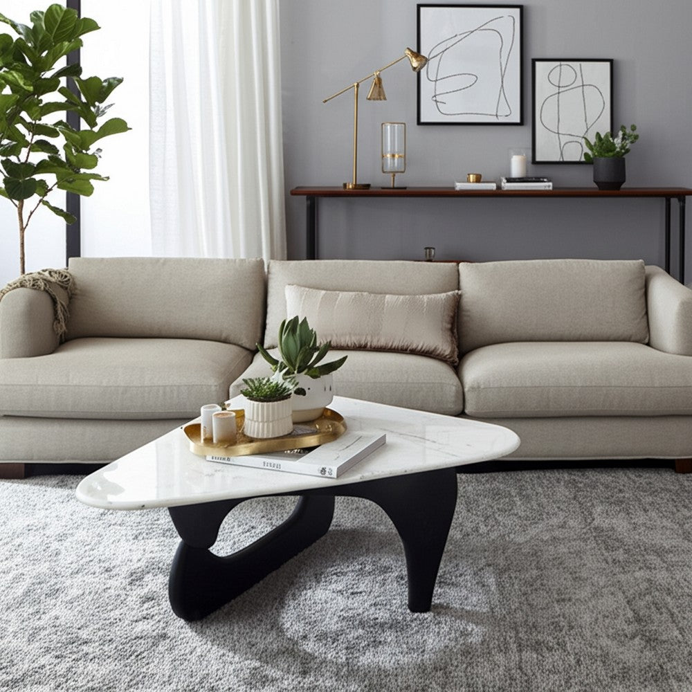 Oaks Triangular Coffee Table | 35" White Marble Top | Black Base