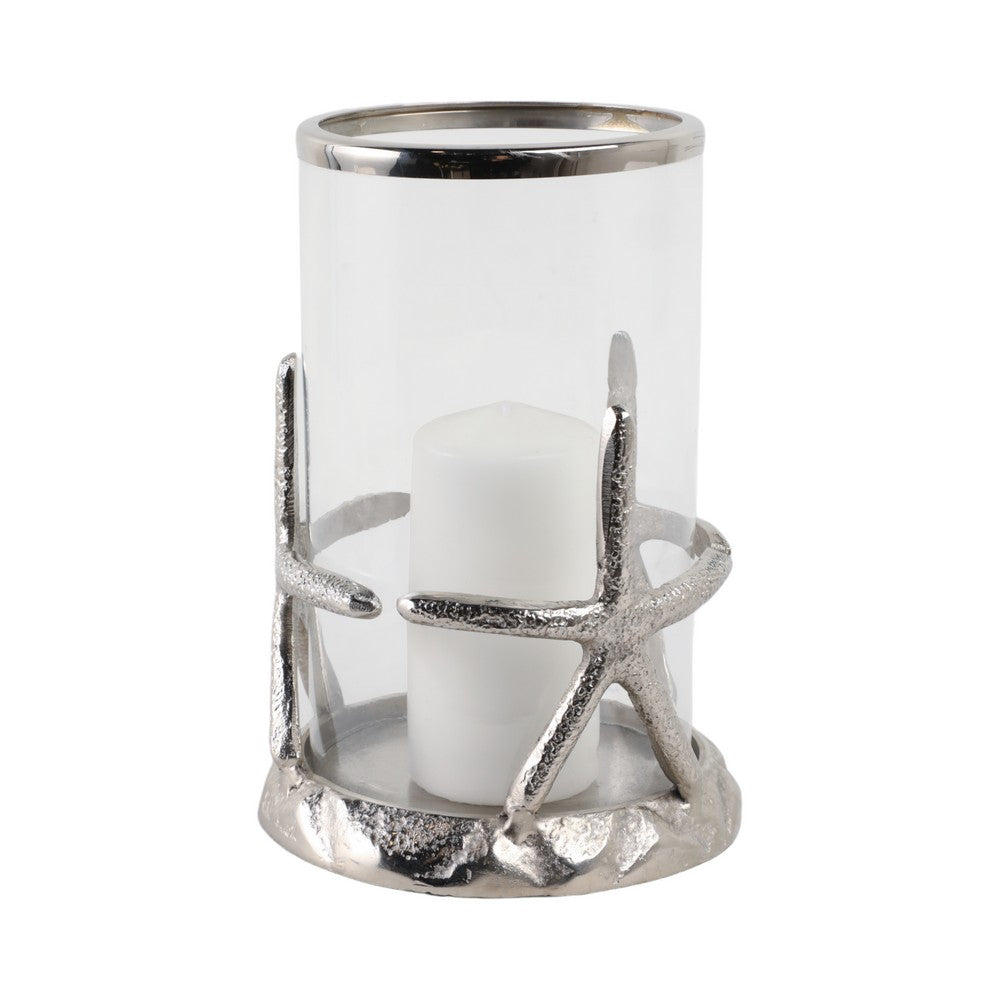 Decorative Starfish Hurricane Candle Holder | 11" | Silver Accents