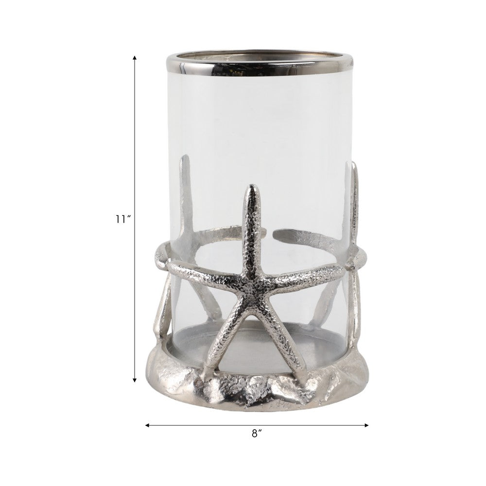 Decorative Starfish Hurricane Candle Holder | 11" | Silver Accents