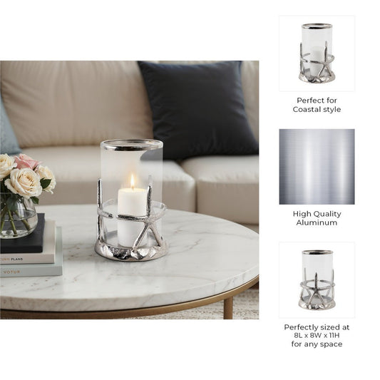 Decorative Starfish Hurricane Candle Holder | 11" | Silver Accents