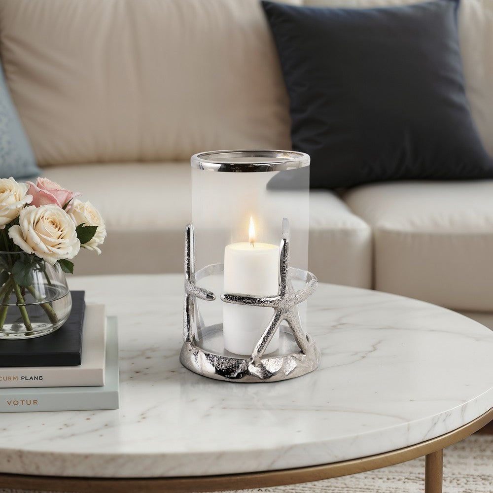 Decorative Starfish Hurricane Candle Holder | 11" | Silver Accents