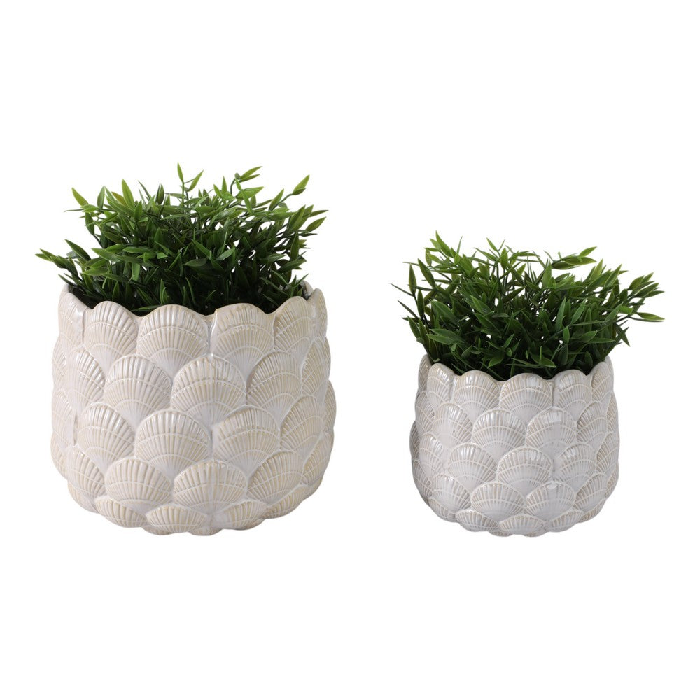 Indoor Outdoor Flower Planter Set of 2 | White Ceramic Seashell Design