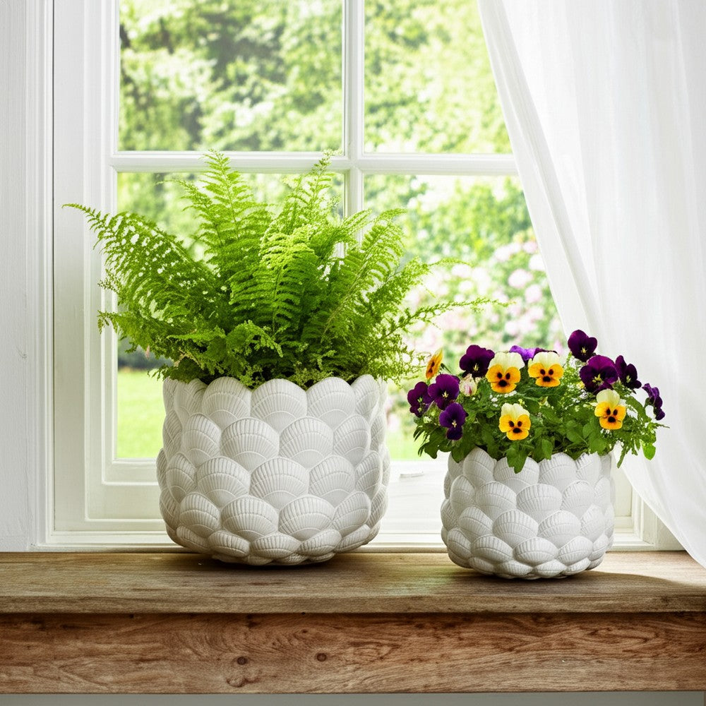 Indoor Outdoor Flower Planter Set of 2 | White Ceramic Seashell Design