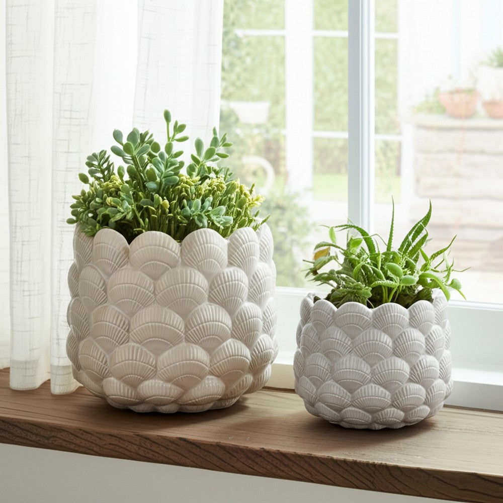 Indoor Outdoor Flower Planter Set of 2 | White Ceramic Seashell Design