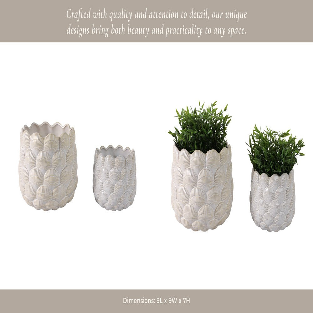 Indoor Outdoor Flower Planter Set of 2 | White Ceramic Seashell Design