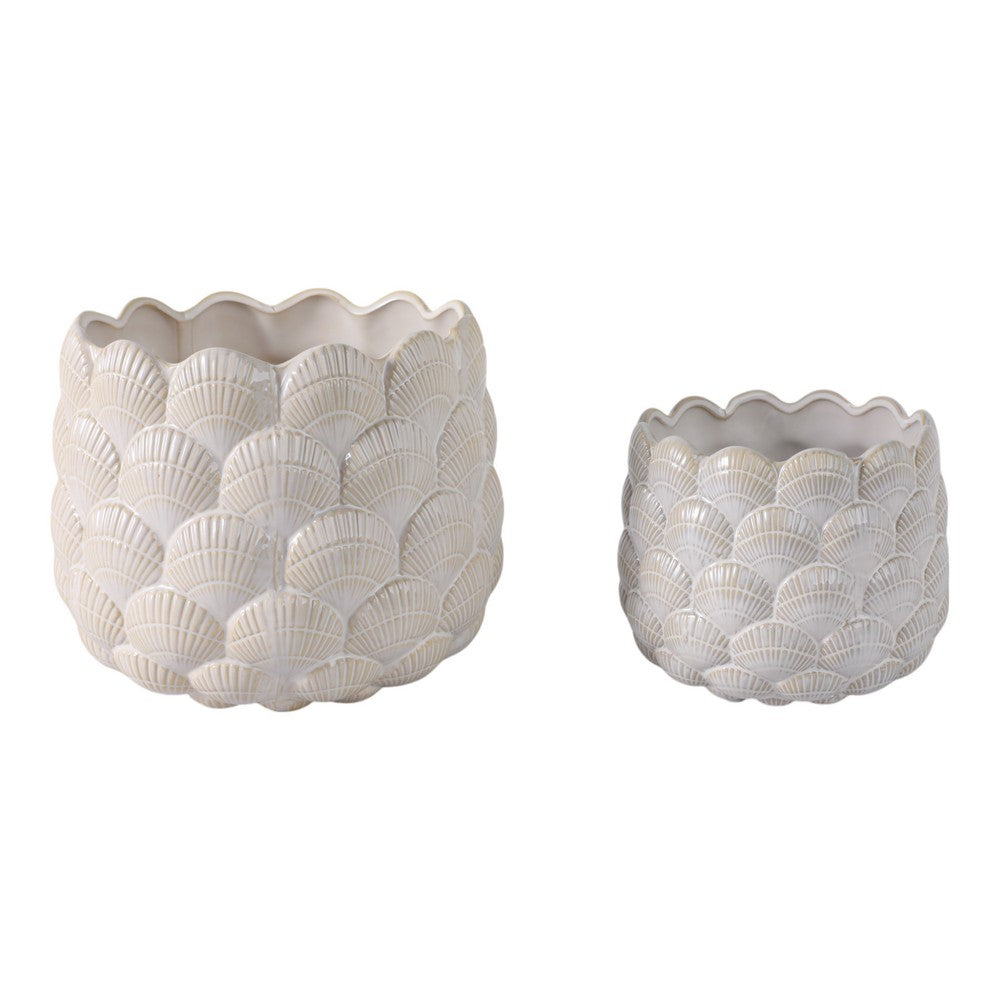 Indoor Outdoor Flower Planter Set of 2 | White Ceramic Seashell Design