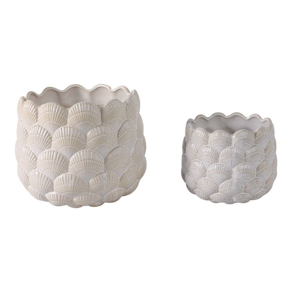 Indoor Outdoor Flower Planter Set of 2 | White Ceramic Seashell Design