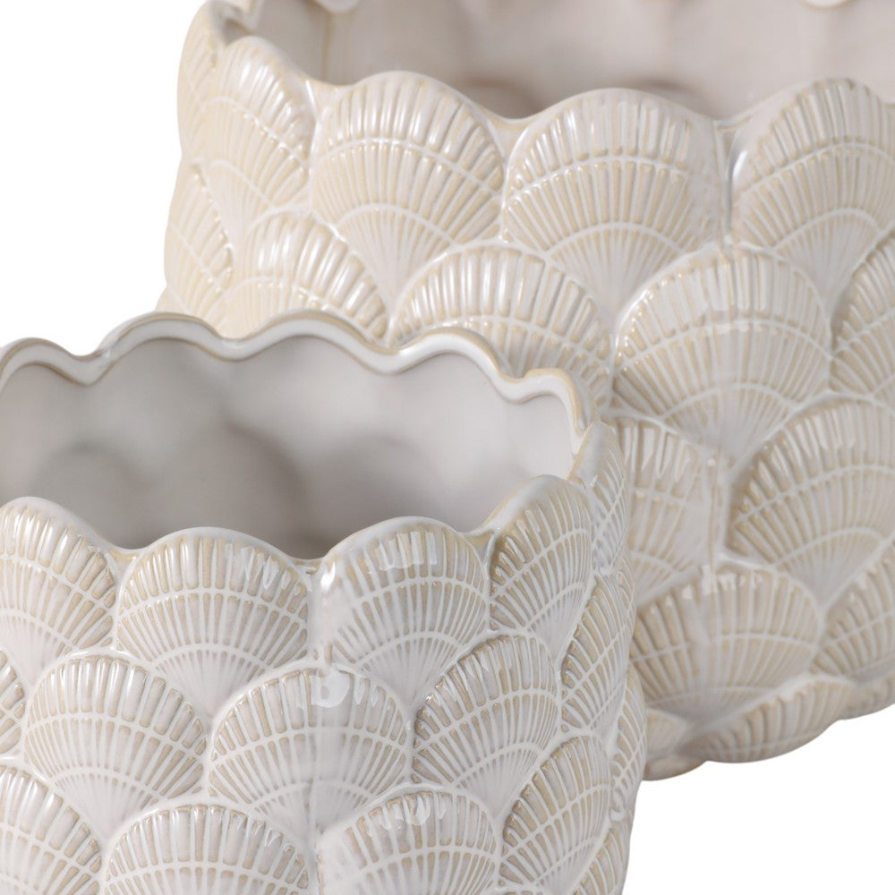 Indoor Outdoor Flower Planter Set of 2 | White Ceramic Seashell Design