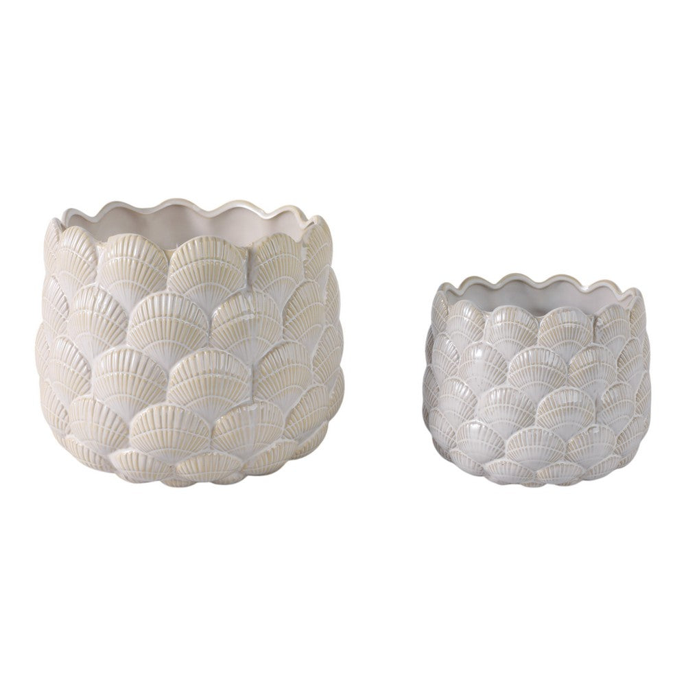 Indoor Outdoor Flower Planter Set of 2 | White Ceramic Seashell Design