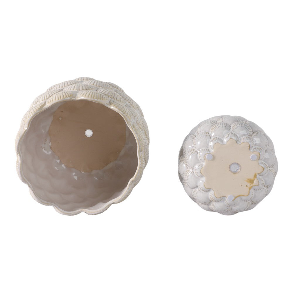 Indoor Outdoor Flower Planter Set of 2 | White Ceramic Seashell Design