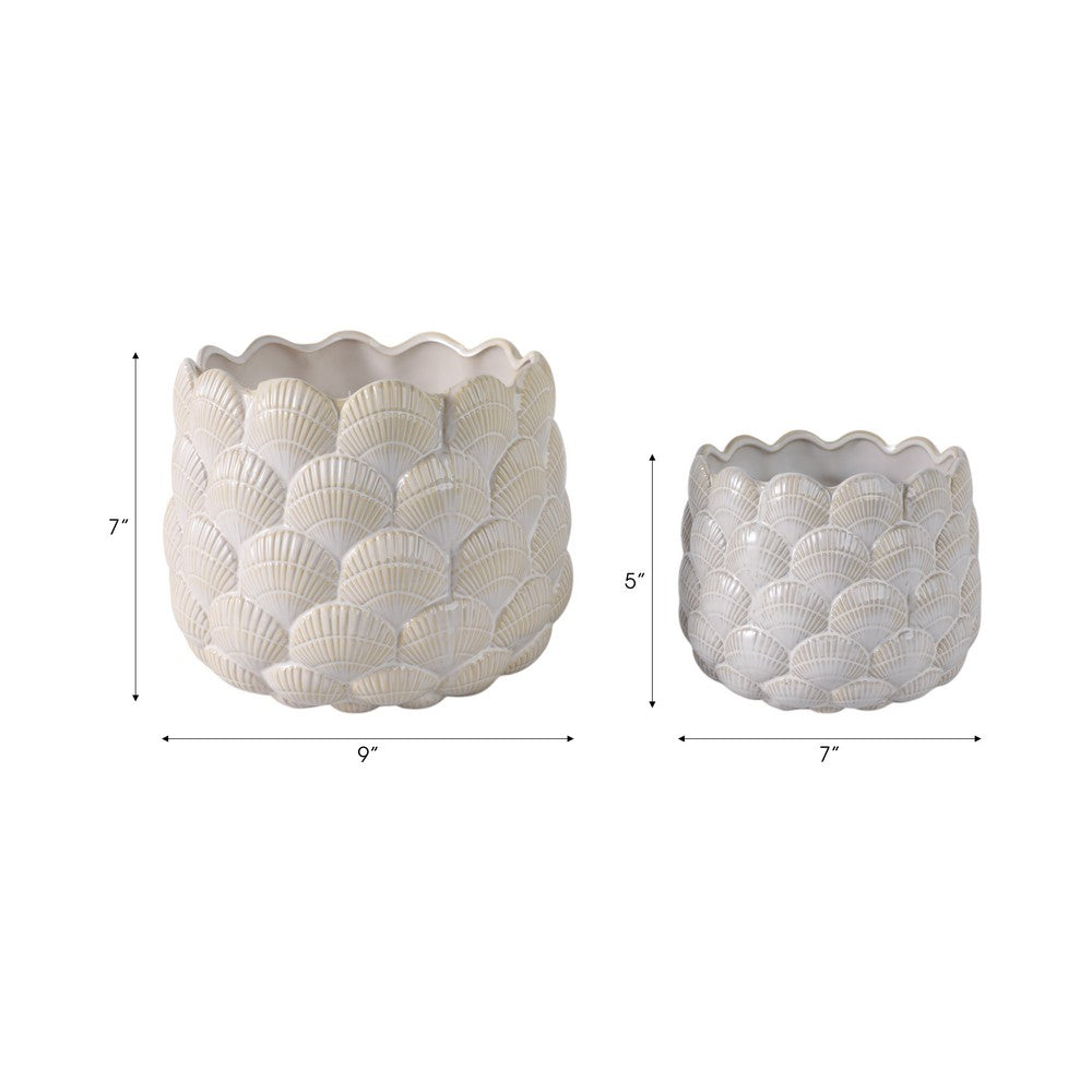 Indoor Outdoor Flower Planter Set of 2 | White Ceramic Seashell Design