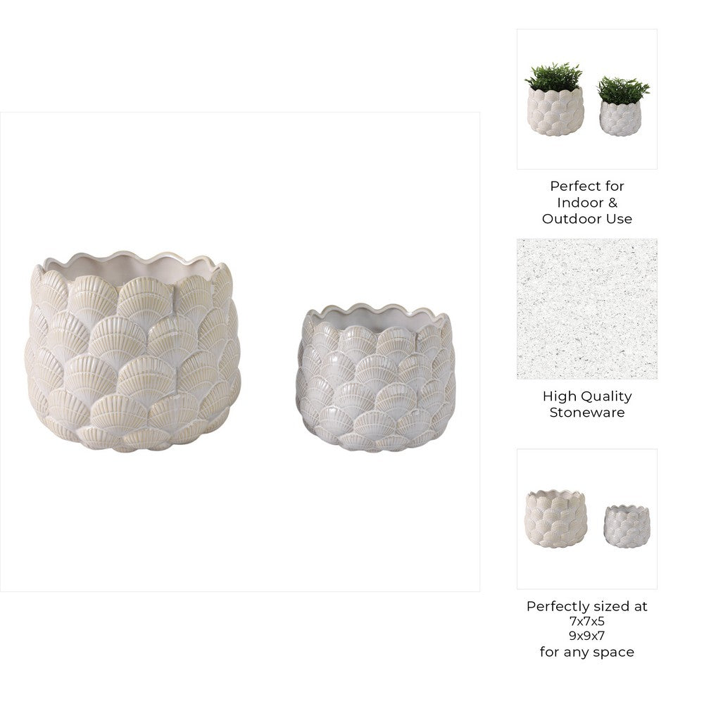Indoor Outdoor Flower Planter Set of 2 | White Ceramic Seashell Design