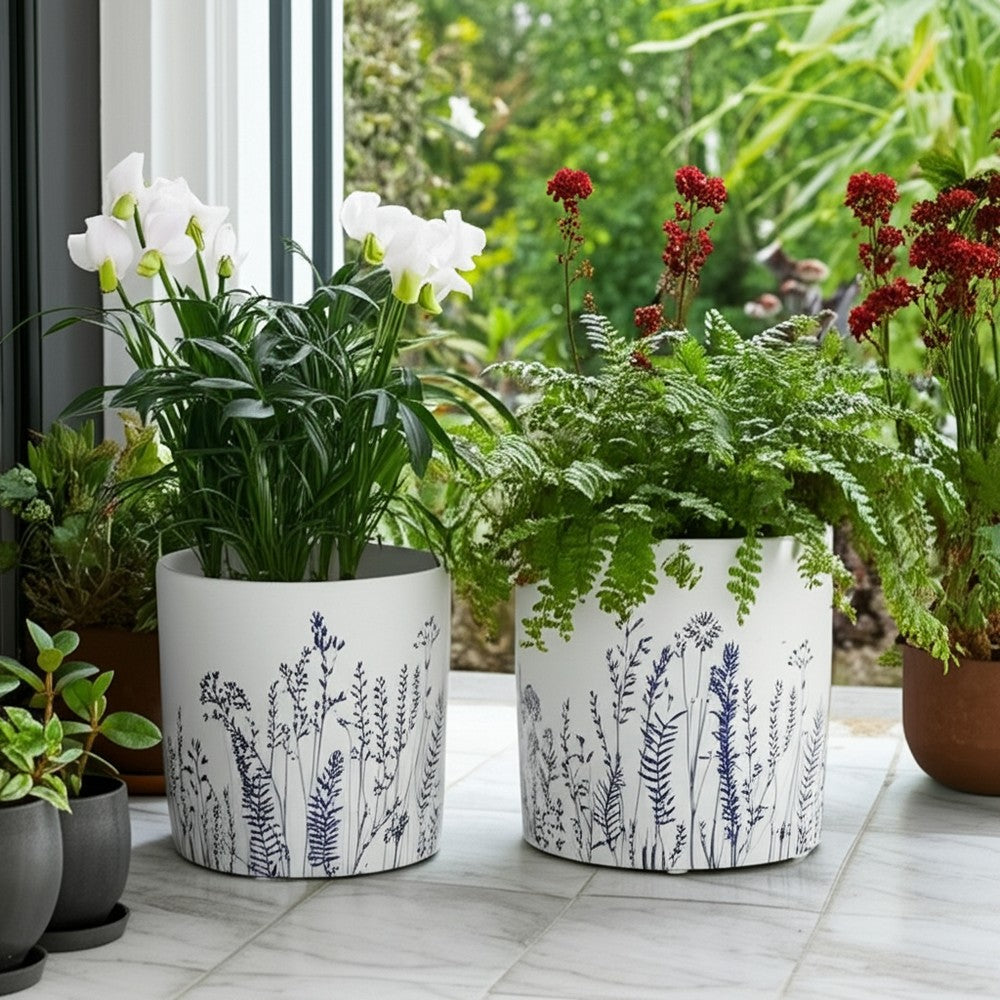 Tulip Set of 2 Planters | Navy Wildflower Field Design | White Terracotta