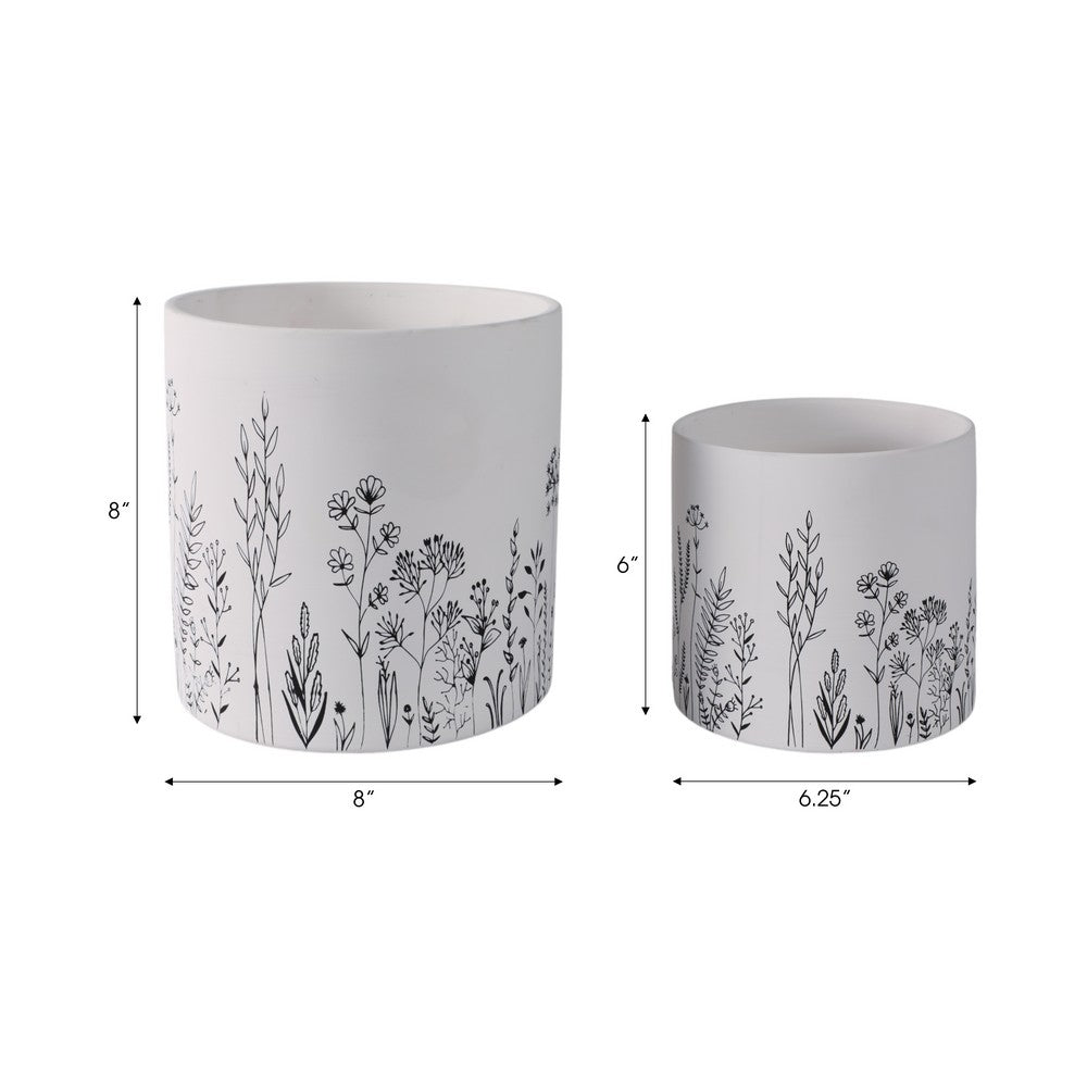 Tulip Set of 2 Planters | Navy Wildflower Field Design | White Terracotta
