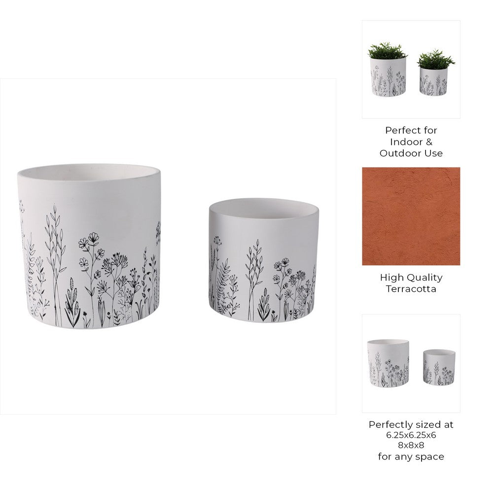 Tulip Set of 2 Planters | Navy Wildflower Field Design | White Terracotta