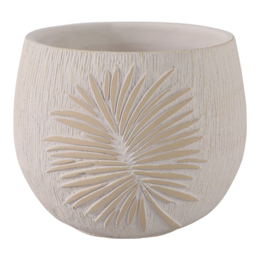Minimalist Pampas Round Planter | Embossed Palm Frond | Ivory White Cement