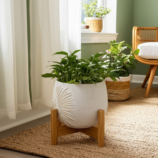 Minimalist Pampas Round Planter | Embossed Palm Frond | Ivory White Cement