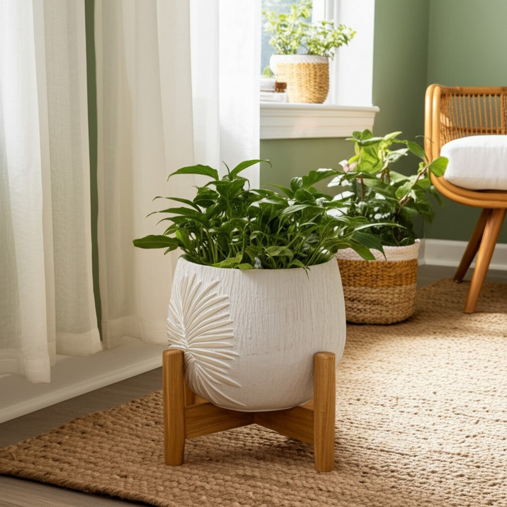 Minimalist Pampas Round Planter | Embossed Palm Frond | Ivory White Cement