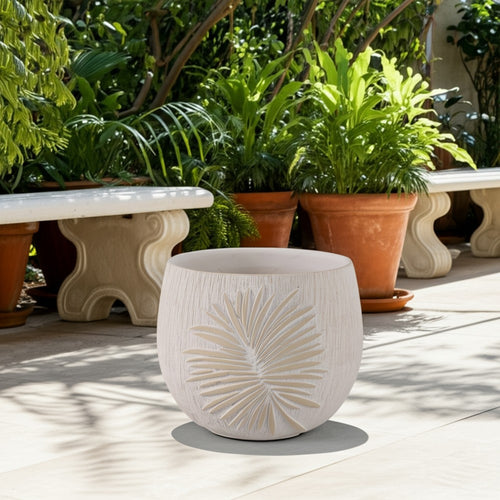 Minimalist Pampas Round Planter | Embossed Palm Frond | Ivory White Cement