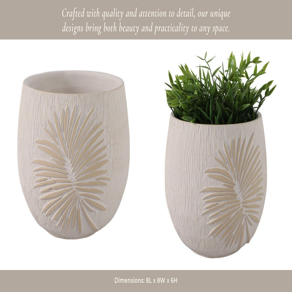Minimalist Pampas Round Planter | Embossed Palm Frond | Ivory White Cement