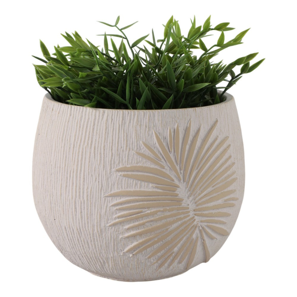Minimalist Pampas Round Planter | Embossed Palm Frond | Ivory White Cement