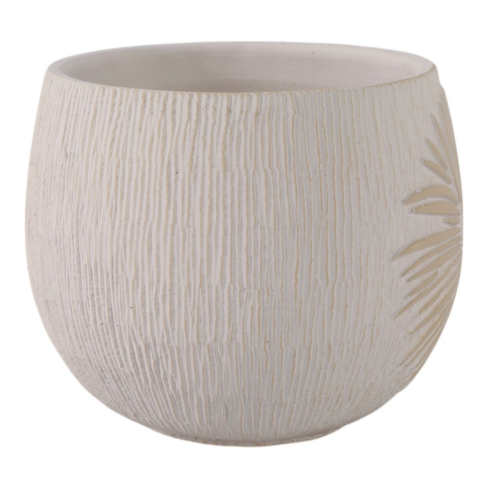 Minimalist Pampas Round Planter | Embossed Palm Frond | Ivory White Cement