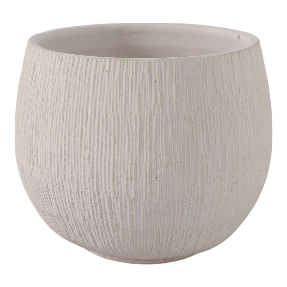 Minimalist Pampas Round Planter | Embossed Palm Frond | Ivory White Cement