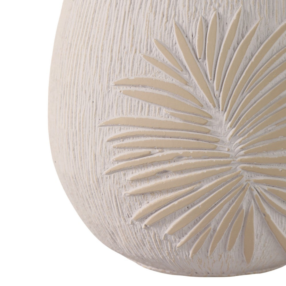 Minimalist Pampas Round Planter | Embossed Palm Frond | Ivory White Cement