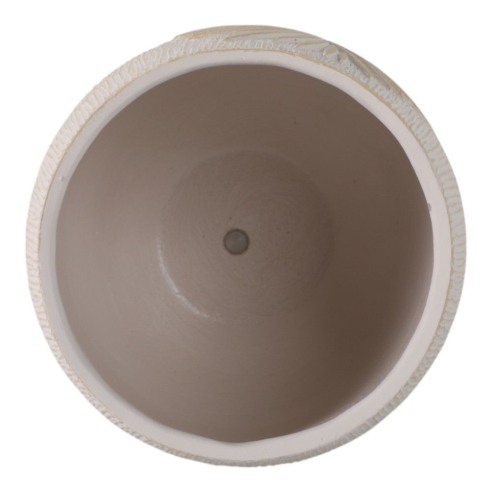 Minimalist Pampas Round Planter | Embossed Palm Frond | Ivory White Cement