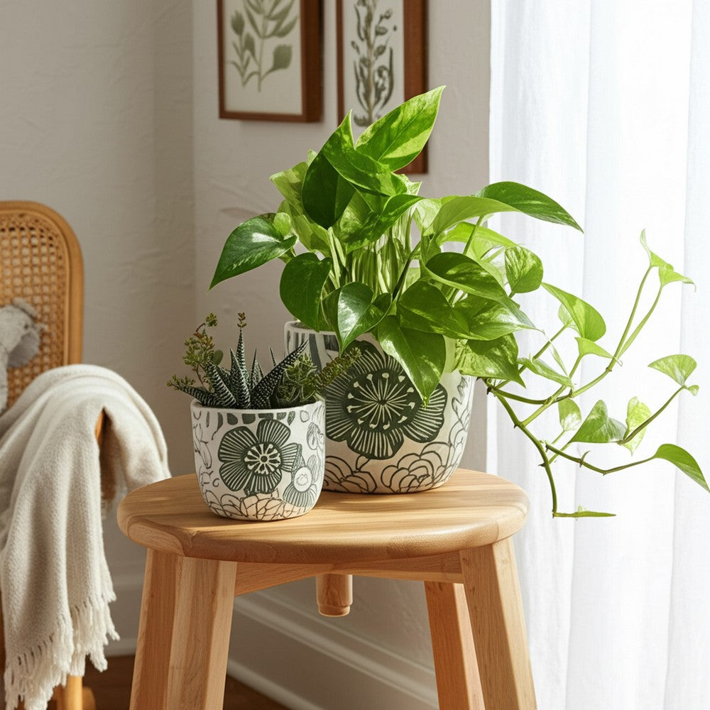 Outdoor Decor Flower Planter Set of 2 | Floral Green and White Cement