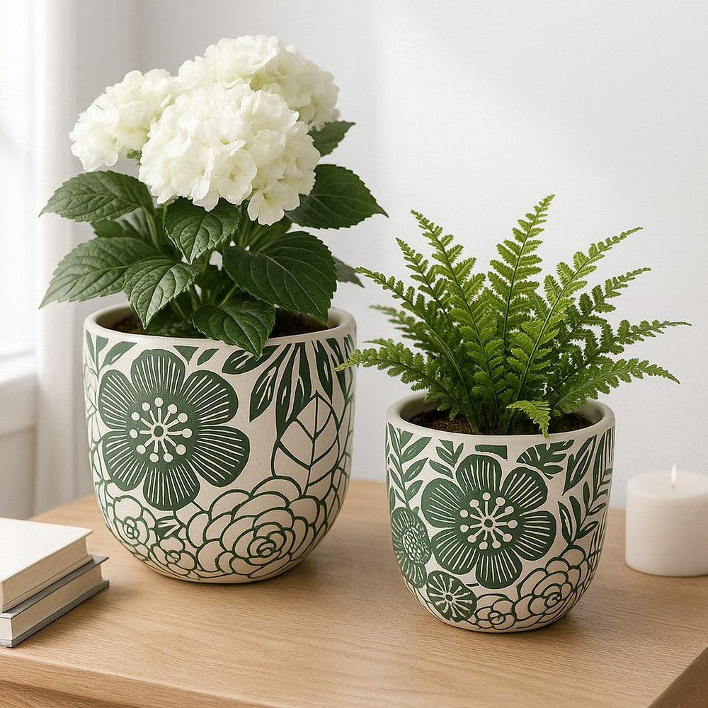 Outdoor Decor Flower Planter Set of 2 | Floral Green and White Cement