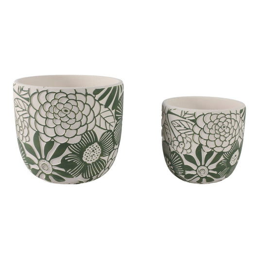 Outdoor Decor Flower Planter Set of 2 | Floral Green and White Cement