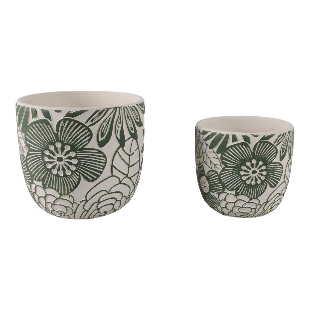 Outdoor Decor Flower Planter Set of 2 | Floral Green and White Cement