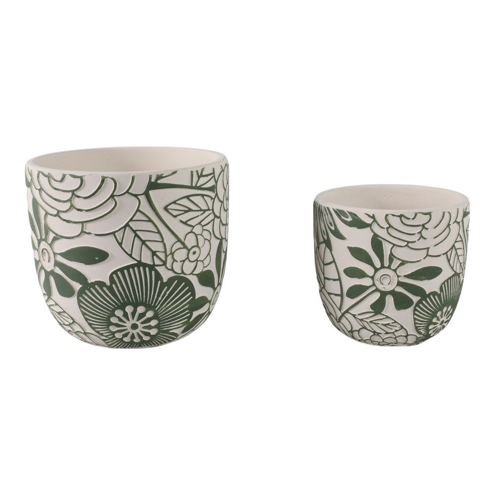 Outdoor Decor Flower Planter Set of 2 | Floral Green and White Cement SBH-21863