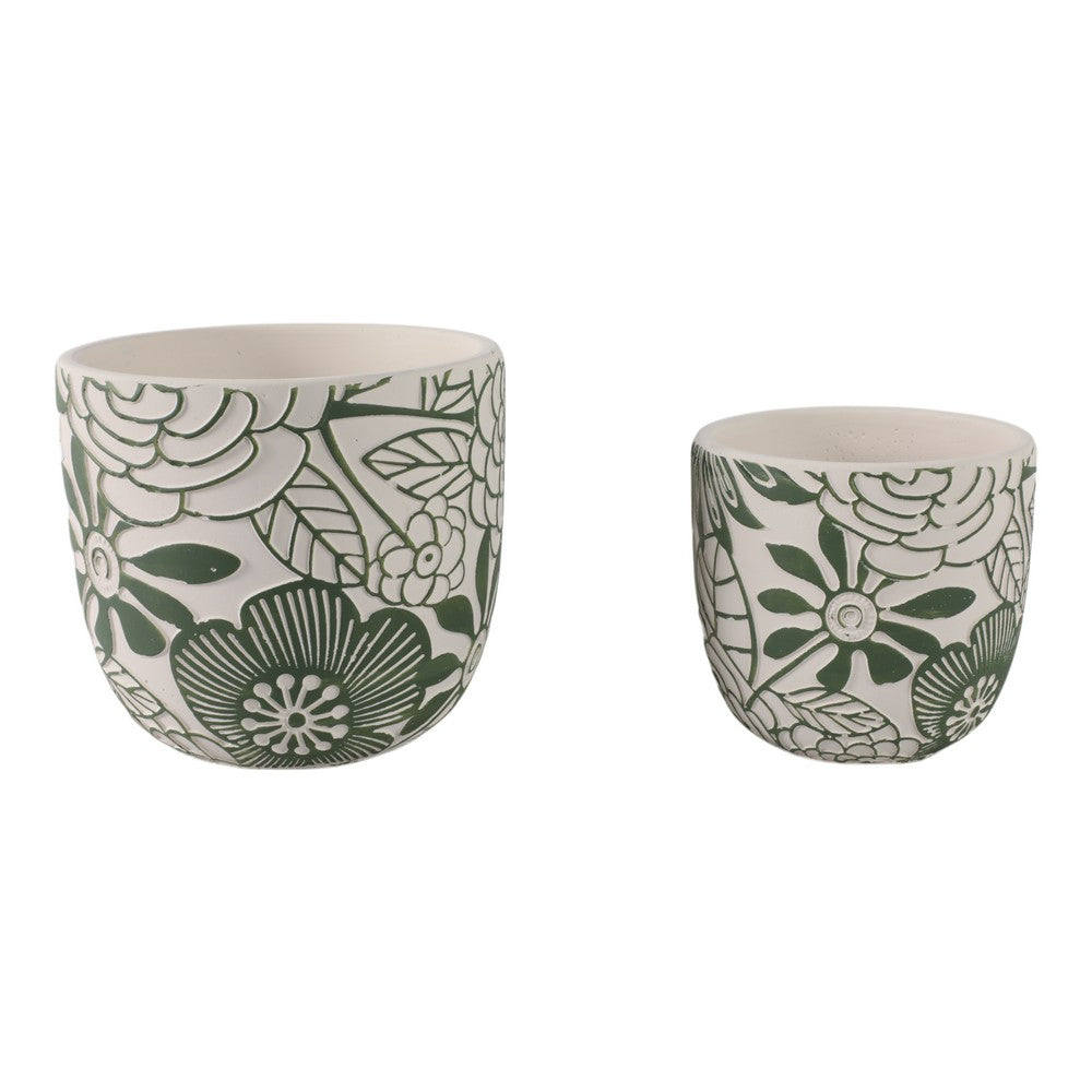 Outdoor Decor Flower Planter Set of 2 | Floral Green and White Cement