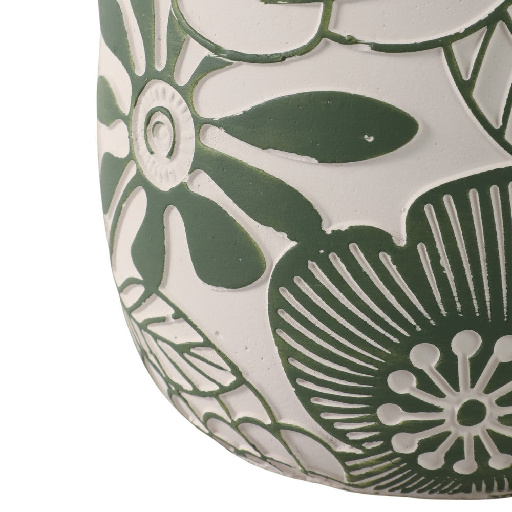 Outdoor Decor Flower Planter Set of 2 | Floral Green and White Cement