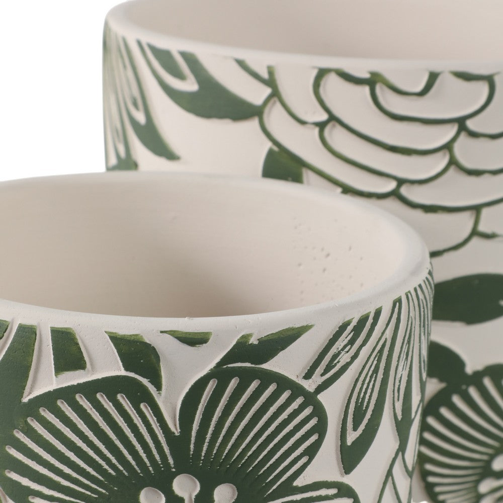Outdoor Decor Flower Planter Set of 2 | Floral Green and White Cement