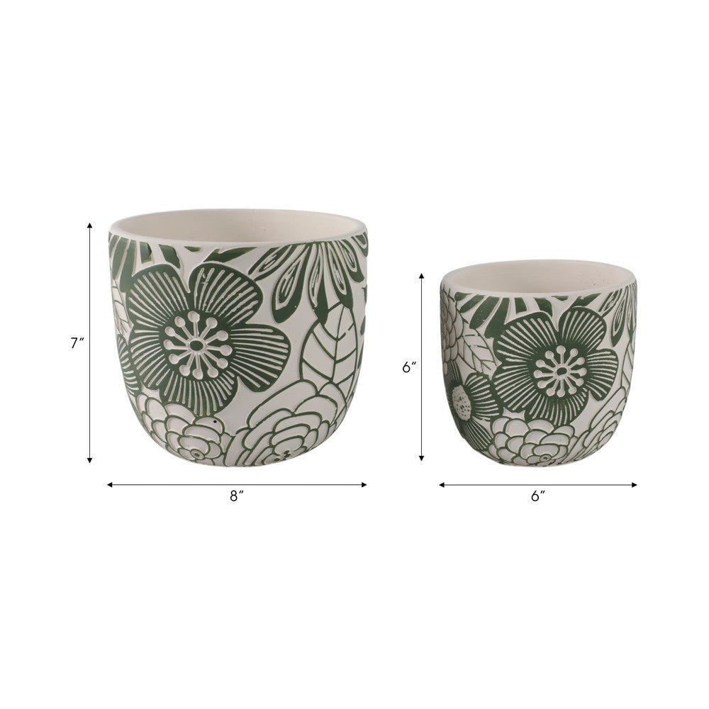 Outdoor Decor Flower Planter Set of 2 | Floral Green and White Cement