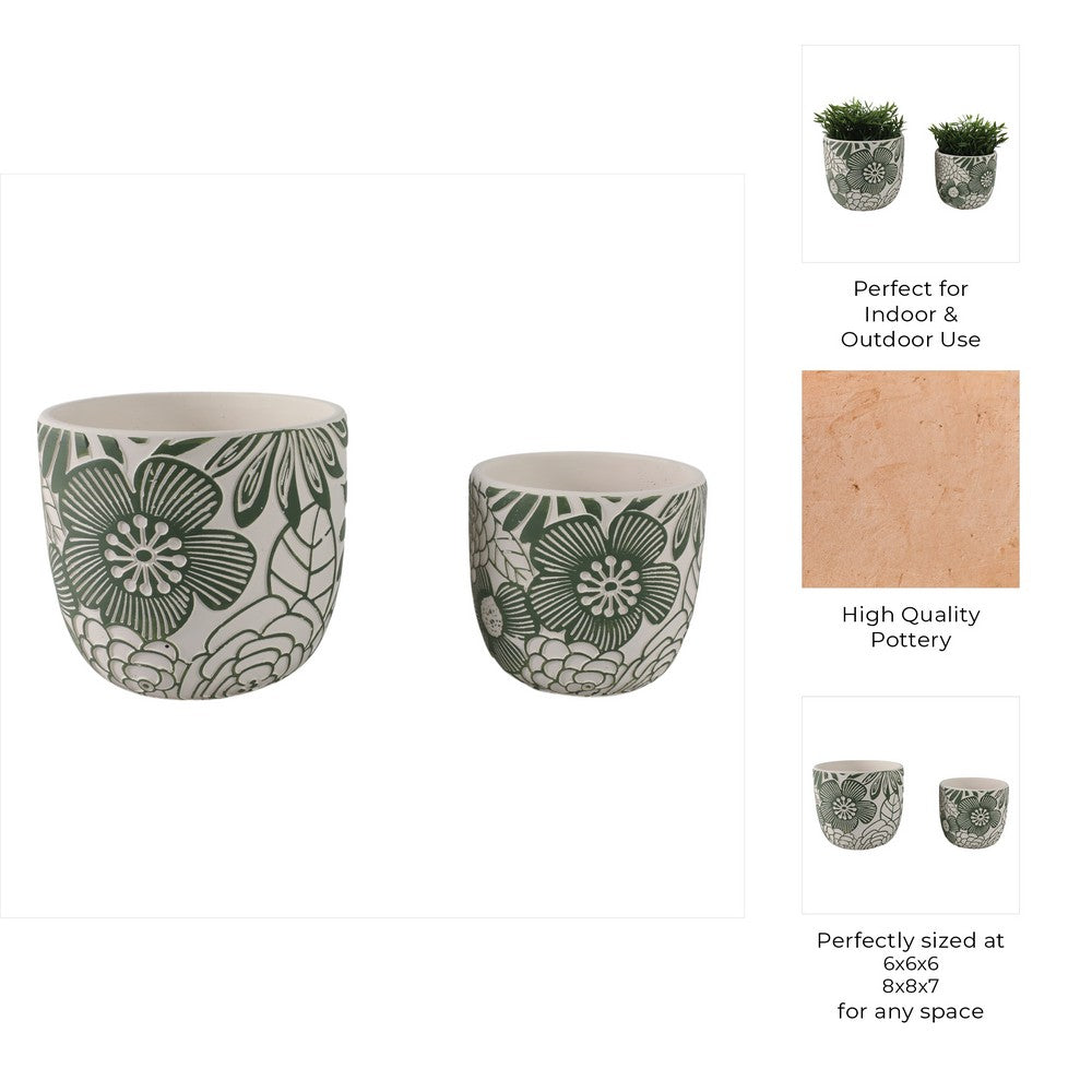 Outdoor Decor Flower Planter Set of 2 | Floral Green and White Cement